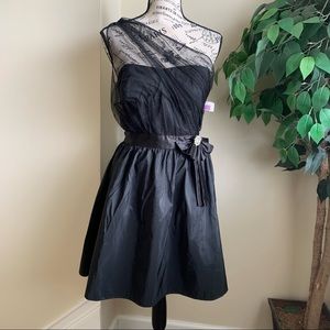 Hailey Logan One Shoulder Fit & Flare Glitter Net Overlay Dress Black Size 15/16